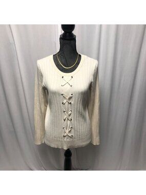 Emaline Sweater Womens Size Petite Large Long Sleeve Laced Front Ribbed Pullover